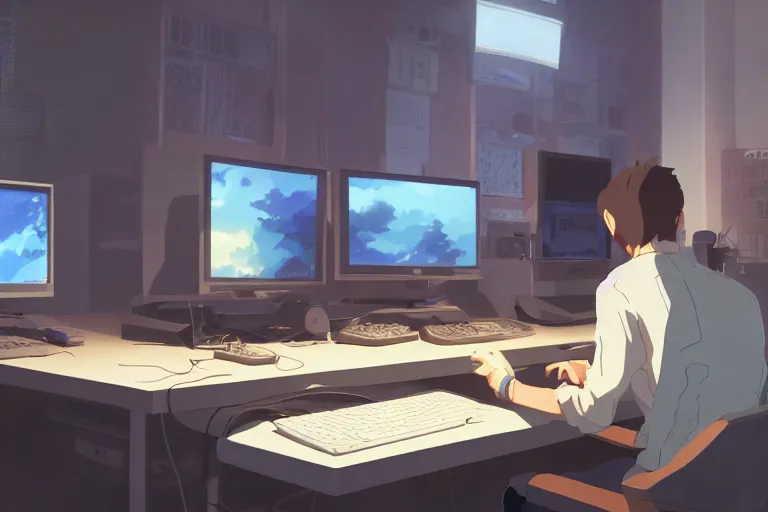 Image similar to a nerdy boy is programming at a computer in a room full of gadgets, by makoto shinkai and ghibli studio, dramatic lighting, highly detailed, incredible quality, trending on artstation