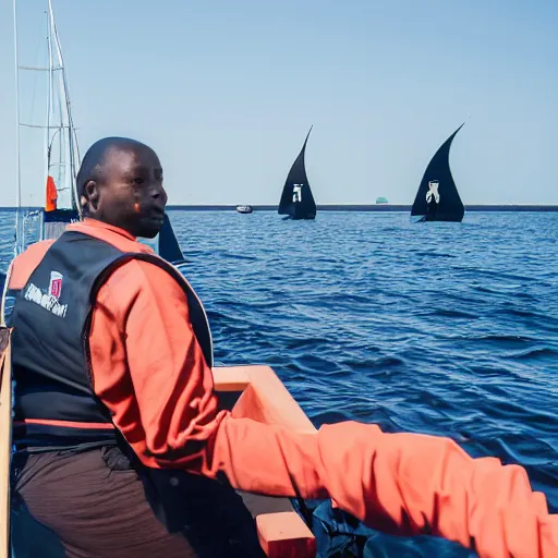 Prompt: a black aracocra standing at the helm of a row rowing towards a sailing vessel