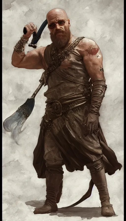 Image similar to Heisenberg as Kratos, highly detailed, digital painting, artstation, concept art, smooth, sharp focus, illustration, ArtStation, art by artgerm and greg rutkowski and alphonse mucha and J. C. Leyendecker and Edmund Blair Leighton and Katsuhiro Otomo and Geof Darrow and Phil hale and Ashley wood and Ilya repin and Charlie Bowater
