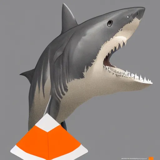 Image similar to great white shark with a conical orange traffic cone orange traffic cone orange traffic cone for a dorsal fin - ron cheng & alphonse mucha, highly detailed, digital painting, ray tracing, concept art, illustration, smooth sharp focus, intricate, symmetry, artstation,