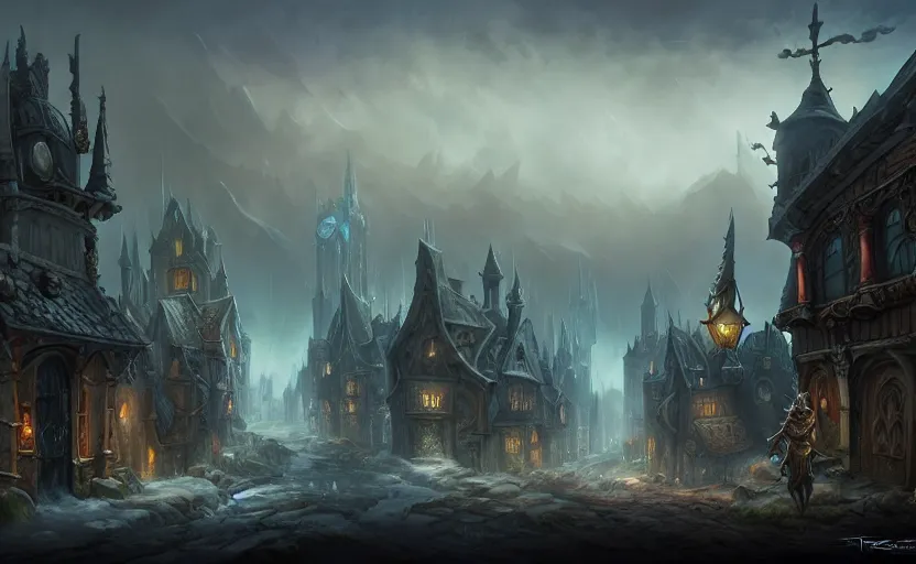 Image similar to extreme long shot concept art depicted old english majestic town, dramatic mood, overcast mood, dark fantasy environment, art by legends of runeterra and league of legends and arcane, art by tony sart, trending on artstation, unreal engine