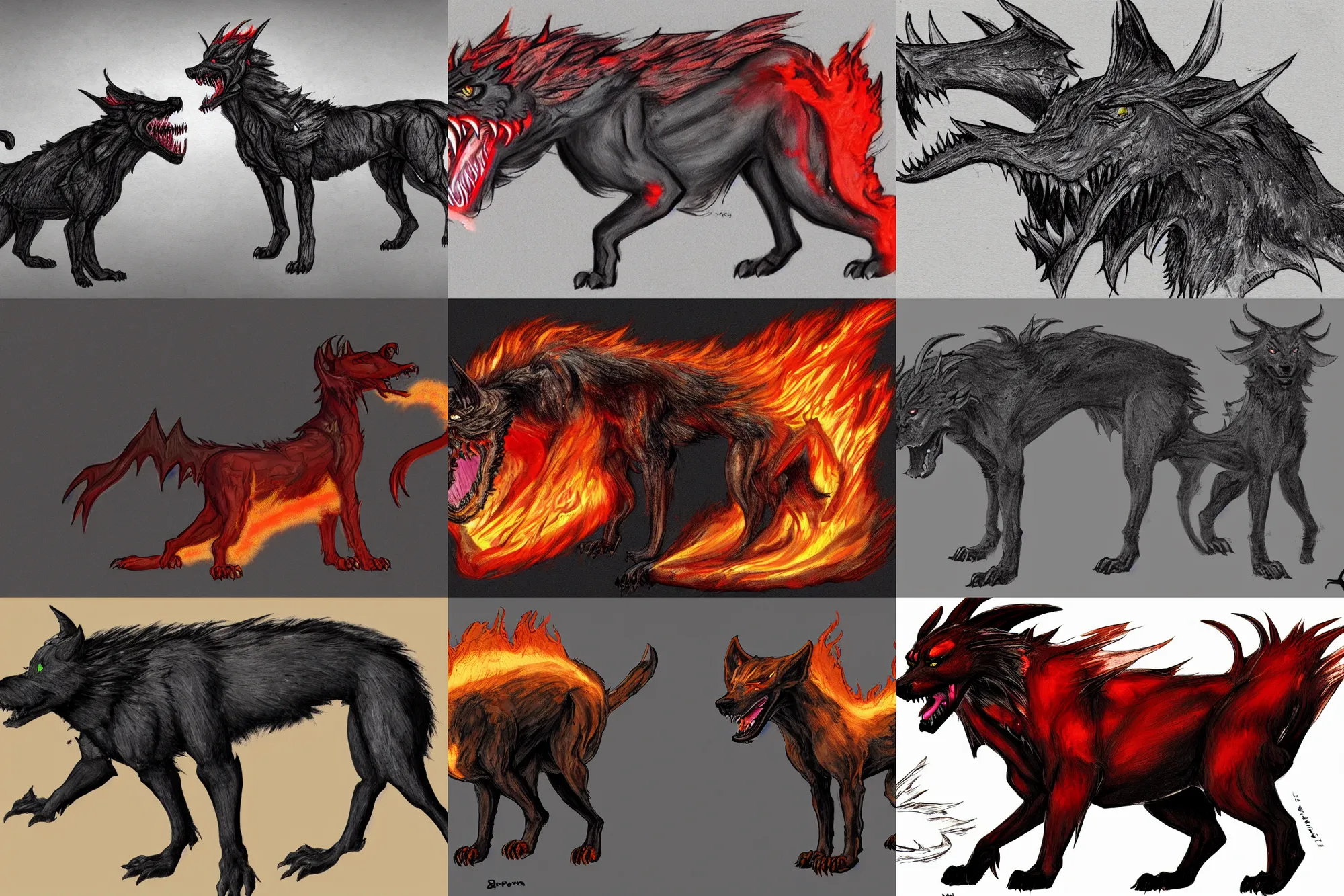 Prompt: concept art of a hellhound that can breath fire