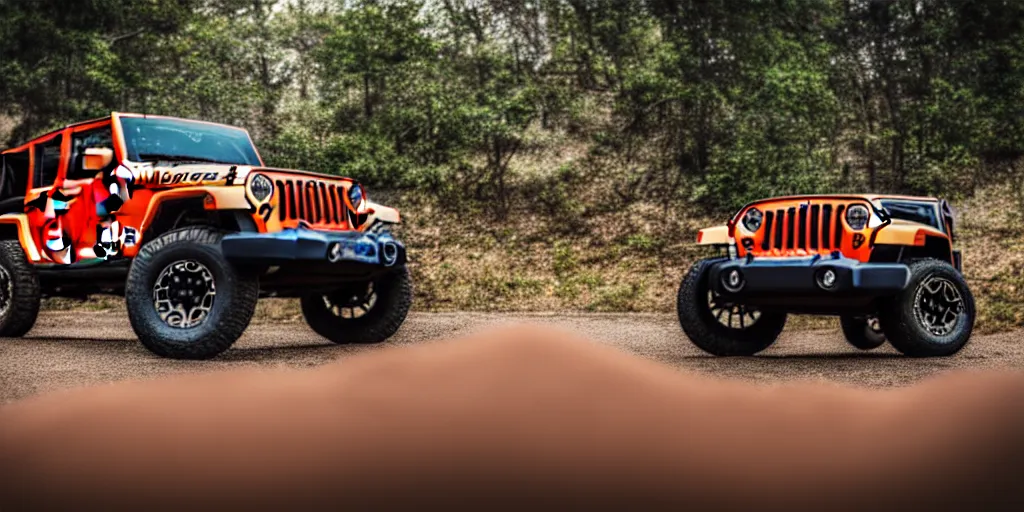 Prompt: Hot Wheels, Jeep Wrangler JKU, cinematic, Maxxis, 8k, depth of field, bokeh.