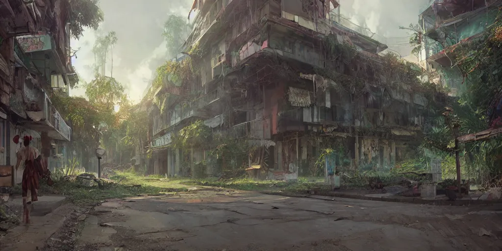 Image similar to abandoned davao city, digital art, fantasy illustration, trending in artstation, cinematic lighting, studio quality, smooth render, unreal engine 5 rendered, octane rendered, rtx, art style by klimt and nixeu and ian sprigger and wlop and krenz cushart