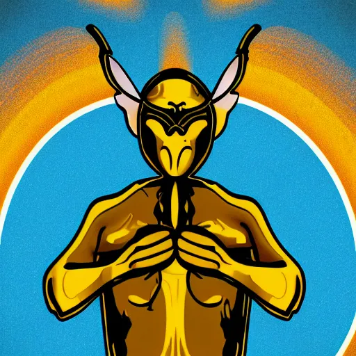 Image similar to human man that resembles a wasp morh in surreal sketch style, blue and yellow gradient, noise, ultrafine detail, hd 8k, logo illustration