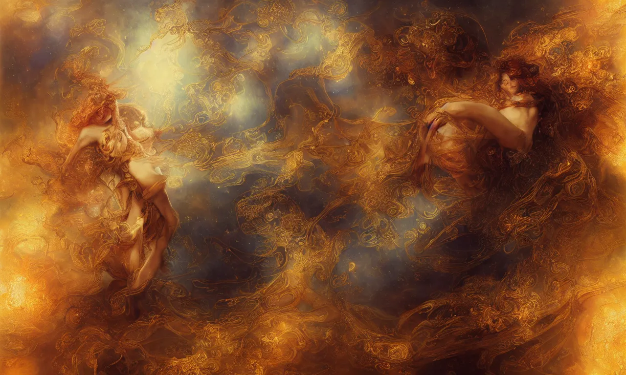 Prompt: breathtaking detailed painting of intricate golden art nouveau ribbons, cosmos and nebulae sky with embers, by ayami kojima, ruan jia and brom, 8 k, concept art, matte, sharp focus, rembrandt style