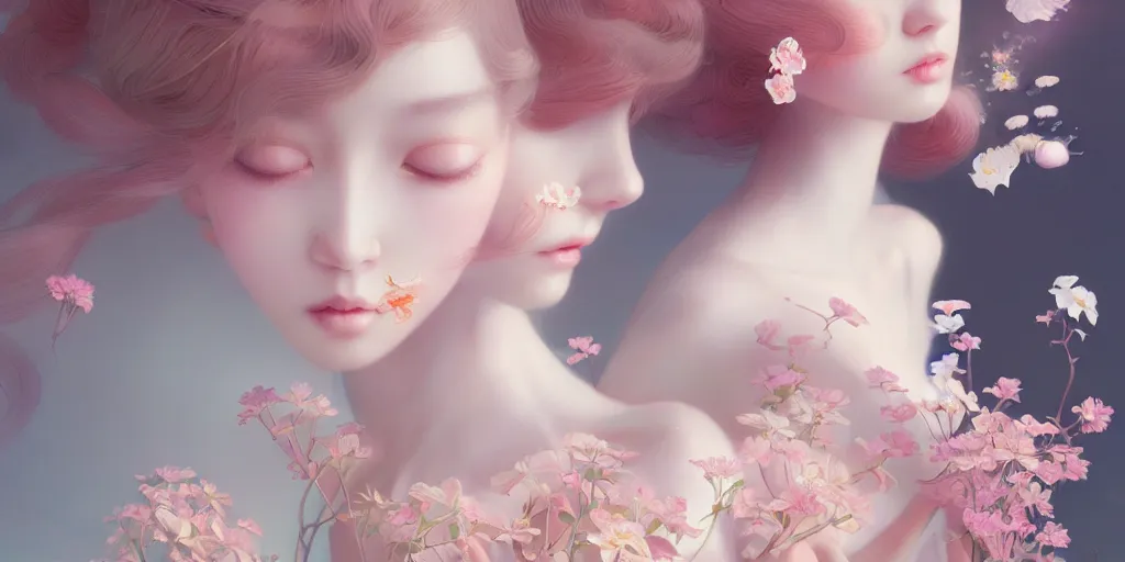 Image similar to breathtaking delicate many detailed concept art with flowers and girls, by hsiao - ron cheng, bizarre compositions, exquisite detail, pastel colors, 8 k