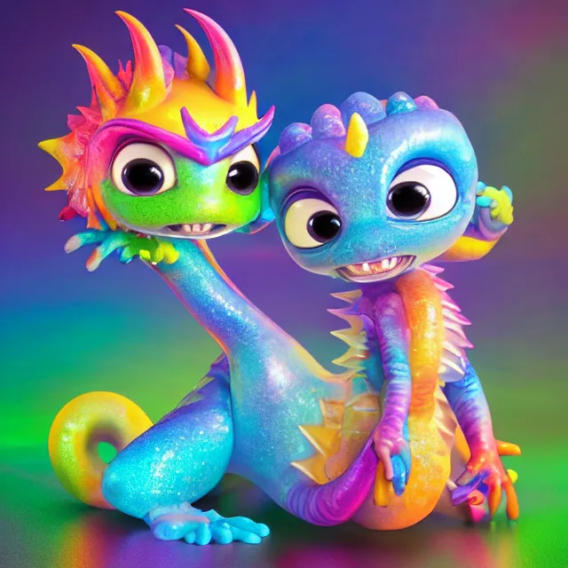 Image similar to a cute baby dragon, big eyes, pixar animation style, soft fur, by jeff koons, by lisa frank, octane render, by takashi murakami, toy, colorful, spectral color, 5 d, ultra - hd, happy, good, mini, volumetric lighting