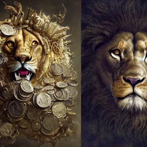 Image similar to a beautiful detailed 3 d matte portrait of a alchemist lion, by ellen jewett, by tomasz alen kopera, by justin gerard, ominous, magical realism, texture, intricate, skull, skeleton, gold coins, money, whirling smoke, alchemist bottles, radiant colors, fantasy, volumetric lighting, high details