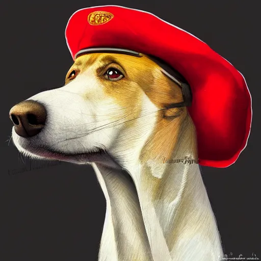 Image similar to Portrait painting of a antropormophic Red Borzoi Dog using a communist red beret as an Overwatch character, medium shot, asymmetrical, profile picture, Organic Painting, sunny day, Matte Painting, bold shapes, hard edges, street art, trending on artstation, by Huang Guangjian and Gil Elvgren and Sachin Teng