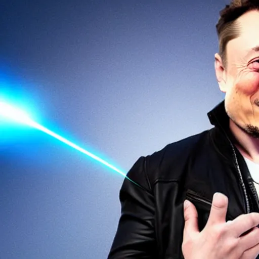 Image similar to elon musk as a super villain with lasers coming out of his eyes