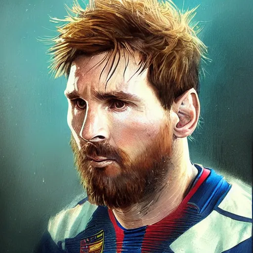 Image similar to portrait of lionel messi by greg rutkowski, cade skywalker, messy blond hair, beard, tall and muscular, star wars expanded universe, he is about 3 0 years old, wearing a flying jacket, distrustful and arrogant, highly detailed portrait, digital painting, artstation, concept art, smooth, sharp foccus ilustration, artstation hq