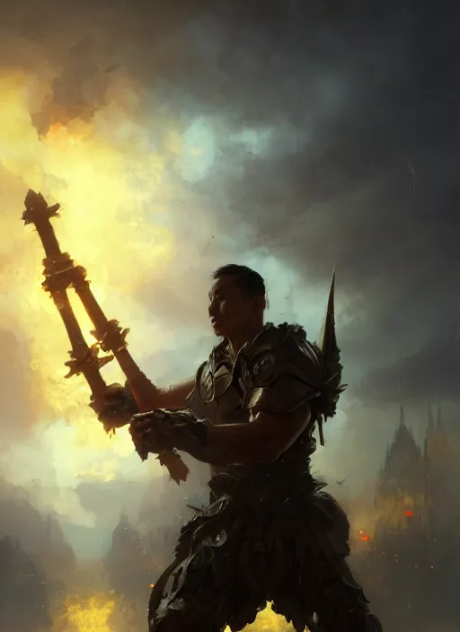 Image similar to a filipino man holding a golden mace standing next to a tank, fantasy, digital painting, d & d, character by artgerm and ruan jia, landscape by greg rutkowski, volumetric light, intricate, sharp, focus, bloom, illustration, highly detailed, concept art, masterpiece