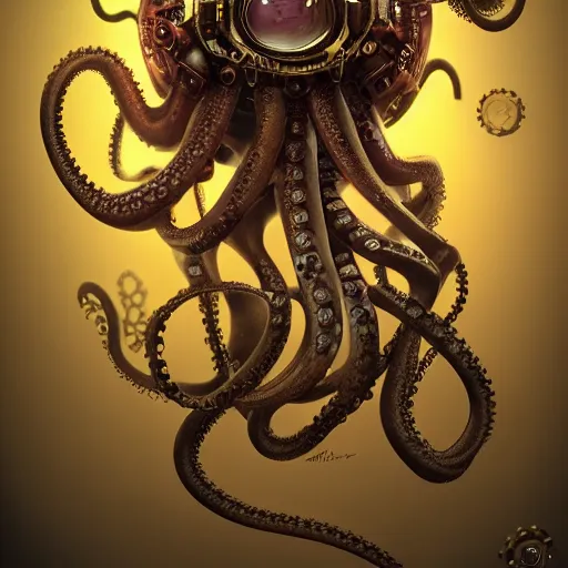 Prompt: steampunk octopus, portrait, robot, concept art, rim light, sharp focus, tilt shift, octane render, anime, highly detailed, colorful, iridescent