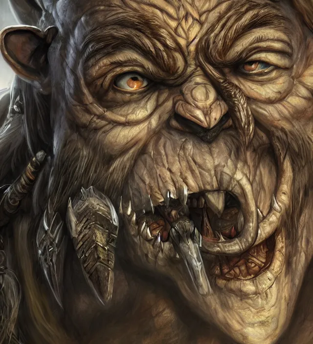 Image similar to full face portrait of an orc, detailed eyes, tusks, fantasy, intricate, highly detailed, digital painting, 4 k, hdr, concept art, smooth, sharp focus, illustration, by wayne reynolds, world of warcraft