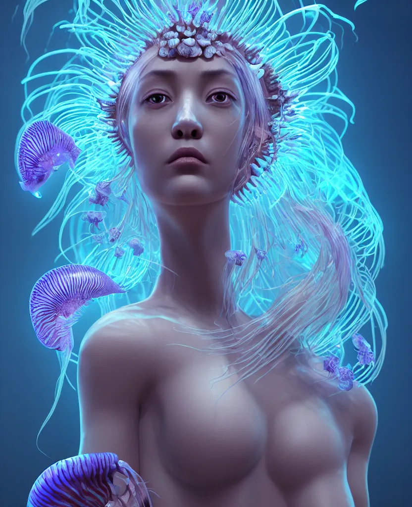 Image similar to goddess close-up portrait. orchid jellyfish phoenix head, nautilus, skull, betta fish, bioluminiscent creatures, intricate artwork by Tooth Wu and wlop and beeple. octane render, trending on artstation, greg rutkowski very coherent symmetrical artwork. cinematic, hyper realism, high detail, octane render, 8k