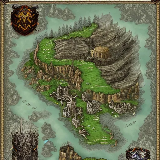 Image similar to RPG fantasy map with castles, mountains and rivers, intricate details, extremely detailed, sharp features