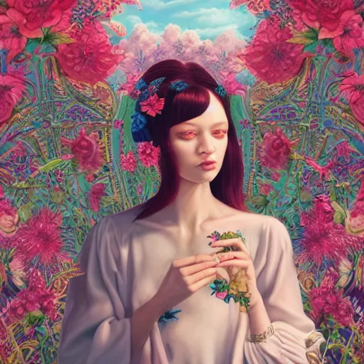 Prompt: pretty model with botanical and clouds : : by martine johanna and simon stalenhag and chie yoshii and casey weldon and wlop : : ornate, dynamic, particulate, rich colors, intricate, elegant, highly detailed, vogue, harper's bazaar art, fashion magazine, smooth, sharp focus, 8 k, octane render