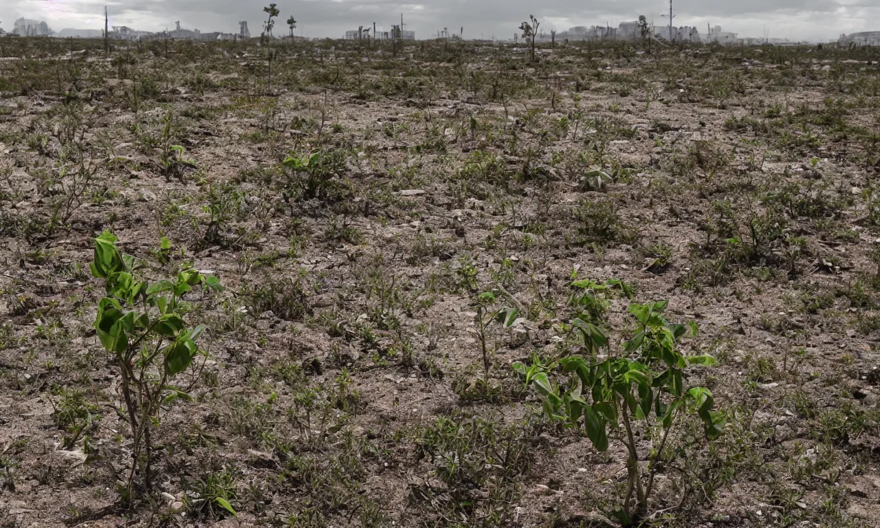 Prompt: the last plant on earth surrounded by an apocalyptic wasteland of ruined cities and vegetation-less landscape