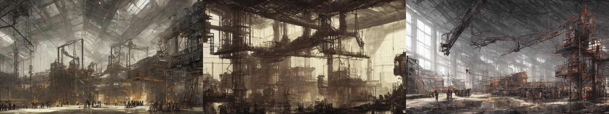 Prompt: interior of heavy industrial steel mill with cranes and engineers, papyrus, watercolored, jakub rozalski, dark colours, dieselpunk, concept art, trending on artstation