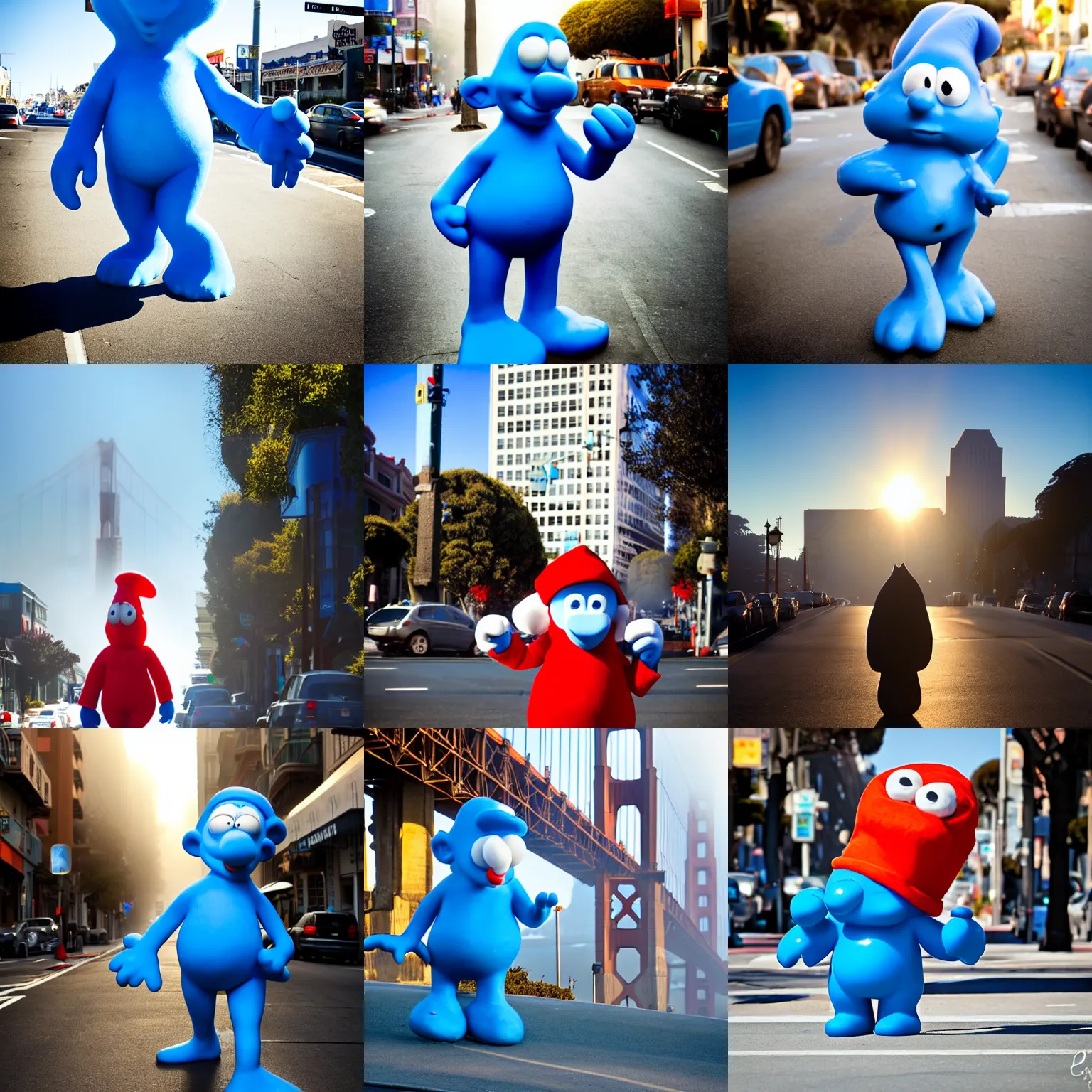 Prompt: giant smurf walking through san francisco in the morning sun, low light, relaxed, nice warm colors, fog
