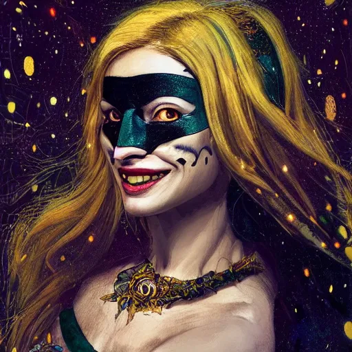 Image similar to a totally amazed smiling pretty batman surrounded by golden firefly lights in a mesmerizing scene, fully covering intricate detailed bohemian outfit, long loose red hair, precise linework, accurate green eyes, small nose with freckles, beautiful smooth oval head, expressive emotions, hyper realistic ultrafine portrait by artemisia gentileschi, jessica rossier, greg rutkowski, artgerm