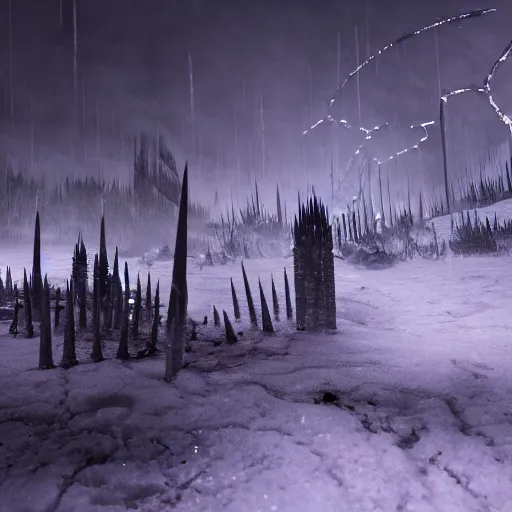 Image similar to ice spikes are summoned from the ground by magic, a group of knights in plate - armor gets impaled by bloody spikes, death on the spot, gloomy lights in the sky, feeling of cold terror, octane render, unreal engine, 8 k