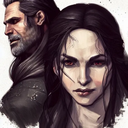 Prompt: Portrait of Geralt of Rivia with a smiling Yennefer of Vengerberg leaning her head on his shoulder, character design, fantasy, intense, dark atmosphere, highly detailed, ArtStation, trending on ArtStation, by Rinotuna