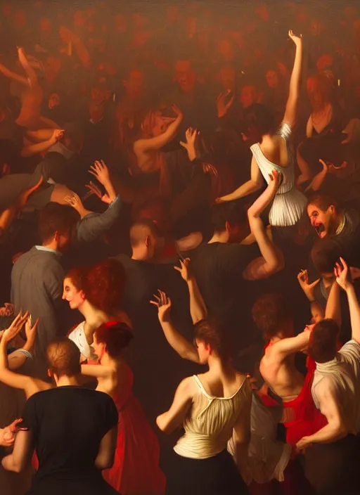 Image similar to image of group of people very drunk dancing chaotic and large technics dj table front of picture, dark backround, spotlights, highly detailed, digital illustration, trending in artstation, modern painting, smooth, sharp focus, intricate, einar jonsson and bouguereau
