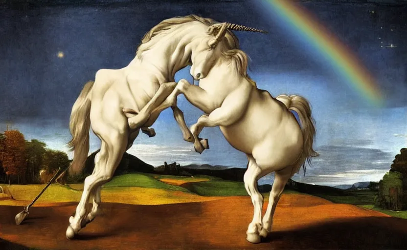 Image similar to a lonely unicorn walking on a rainbow in the universe in the style of Caravaggio, digital art, high quality, highly detailed, high coherence, anatomically correct, Caravaggio, concept art, marterpiece