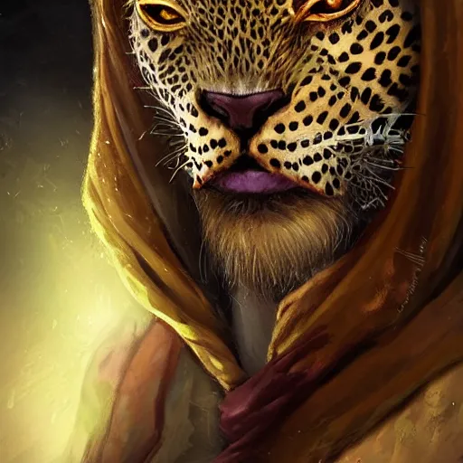 Prompt: Warlock with leopard traits. Character portrait, face close-up, of an anthro leopard warlock in the style of Bastien Lecouffe-Deharme