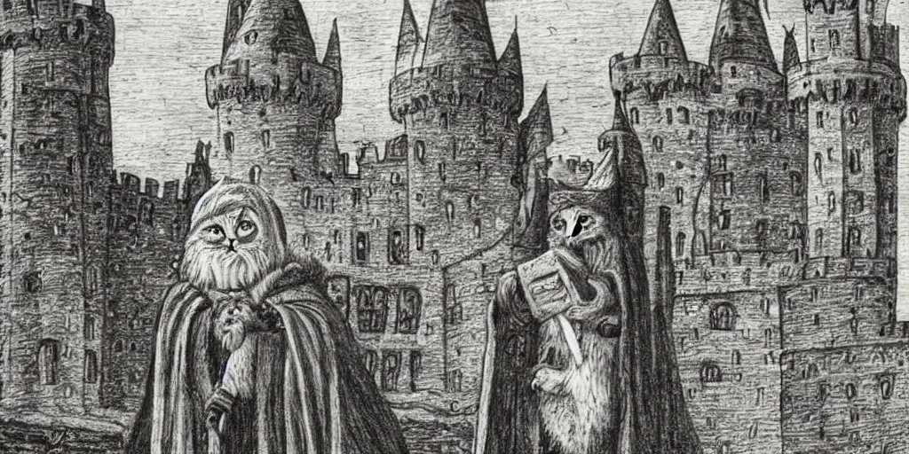 Prompt: a gray striped cat disguised as a wizard Merlin in front of the castle of Camelot. Renaissance style