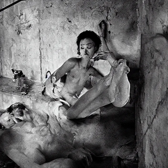 Image similar to a sensual scene from a feature film by won kar - wai, alejandro jodorowsky and roger ballen : : exquisite lighting setup : : anamorphic lens, kodakchrome : : 8 k