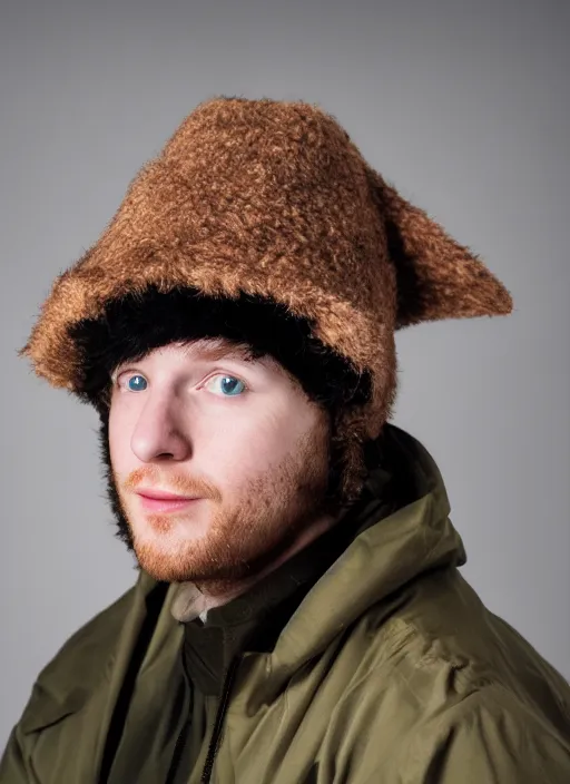 Image similar to portrait photo still of real life kyle broflovski wearing his trapper hat, 8 k, 8 5 mm, f. 1 4