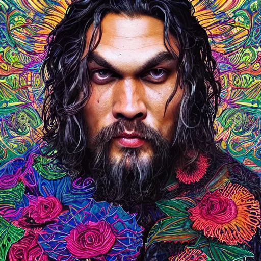 Prompt: portrait of jason momoa, hyper detailed masterpiece, neon floral pattern, jean giraud, digital art painting, darkwave goth aesthetic, psychedelic, artgerm, donato giancola and tom bagshaw