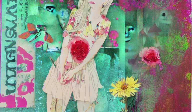 Prompt: ill bring u flowers in the pouring rain, shojo, collage, mixed media