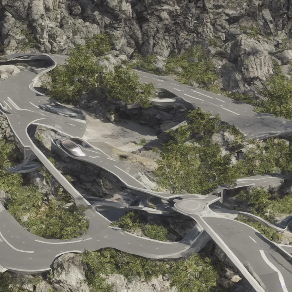 Image similar to futuristic car drive down a road in the mountains, unreal engine