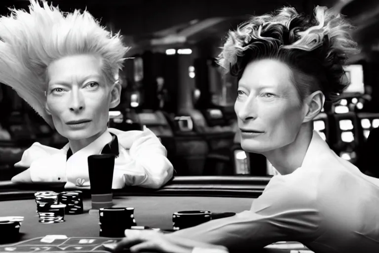 Image similar to Tilda Swinton at a casino in the style of Cowboy Bebop, wide shot