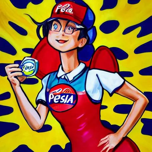 Image similar to painting of the pepsi logo personified as a soda themed girl in the style of ken sugimori