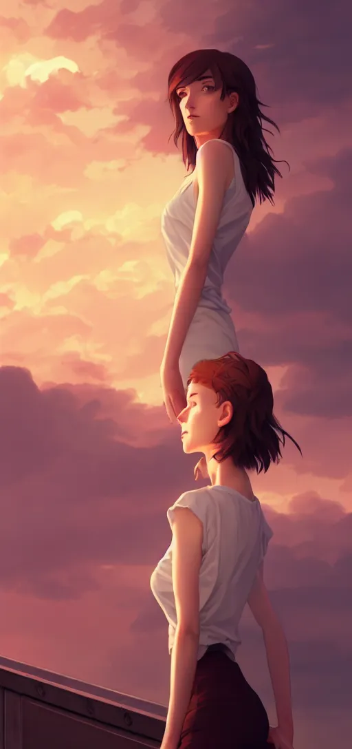 Prompt: a beautiful british woman with short brown hair, gentle, somber amber eyes, standing on a rooftop, storm in the distance, basic clothing, digital art by makoto shinkai ilya kuvshinov and wojtek fus, portrait,