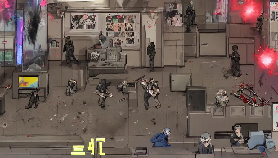 Prompt: 1994 Video Game Deathcam Screenshot, Anime Neo-tokyo Cyborg bank robbers vs police, Akira Anime, Set inside of the Bank Lobby, Multiplayer set-piece in bank lobby, Tactical Squad :9, Police officers under heavy fire, Police Calling for back up, Bullet Holes and Realistic Blood Splatter, :6 Gas Grenades, Riot Shields, Large Caliber Sniper Fire, Chaos, Anime Cyberpunk, Anime Bullet VFX, Machine Gun Fire, Violent Gun Action, Shootout, :7 Inspired by Escape From Tarkov + Intruder + Metal Slug :9 by Katsuhiro Otomo: 9