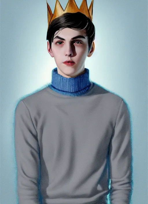 Image similar to portrait of teenage jughead jones wearing a light grey crown, crown, light grey crown, blue turtleneck, 1 9 5 0 s, closed eyes, intricate, elegant, glowing lights, highly detailed, digital painting, artstation, concept art, smooth, sharp focus, illustration, art by wlop, mars ravelo and greg rutkowski