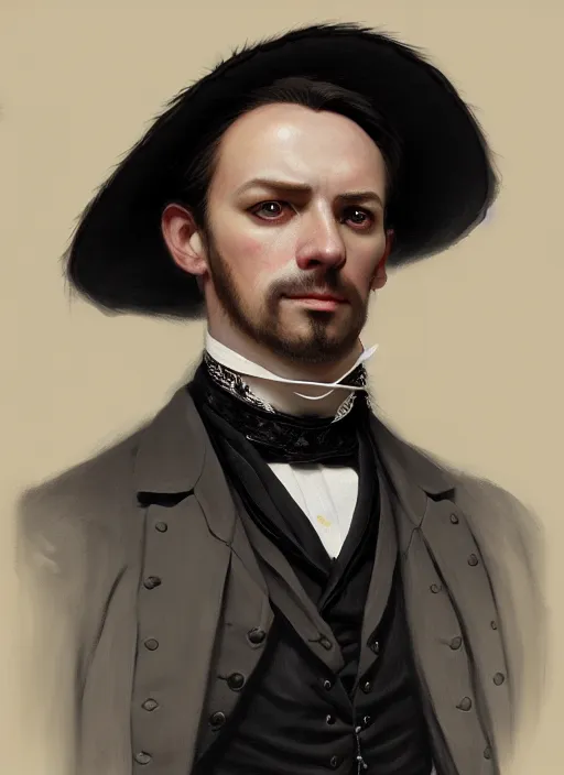 Image similar to 3 / 4 view of a portrait of man in victorian clothing, confident pose, intricate, elegant, sharp focus, illustration, highly detailed, concept art, matte, trending on artstation, goth, art by james jean and artgerm and brian despain and alberto mielgo, greg rutkowski, wlop, ilya kuvshinov, strong strokes
