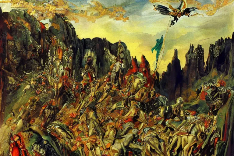 Prompt: a beautiful painting of a rocky landscape covered with bodies of medieval soldiers in shiny armors, dawn, by Georgia o keeffe, by Gustave Moreau