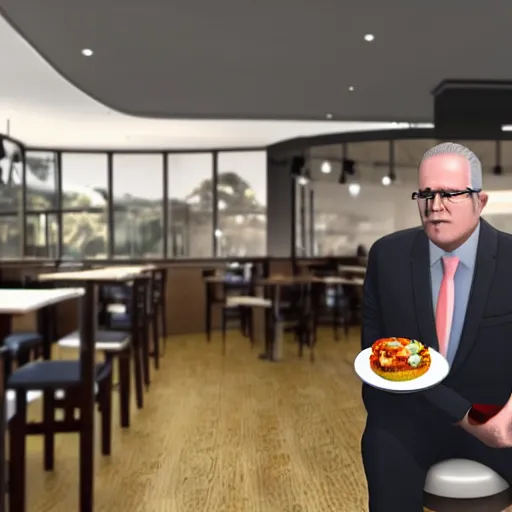 Image similar to 3 d render of scott morrison at a mcdonald's restaurant