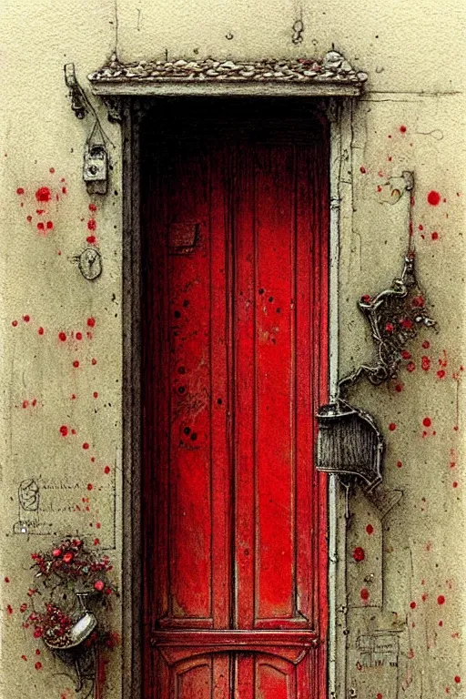 Image similar to ( ( ( ( ( decaorated red door, intricate. muted colors. ) ) ) ) ) by jean - baptiste monge!!!!!!!!!!!!!!!!!!!!!!!!!!!