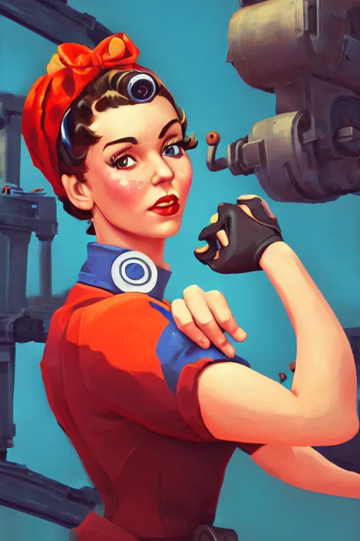 Image similar to a portrait of a cute rosie the riveter, industrial setting, overwatch art team, vivid colors, soft lighting, atmospheric, cinematic, moody, splash art in the style of ilya kuvshinov, oil on canvas, 8 k