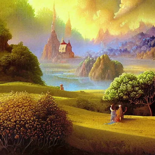 Image similar to a beautiful painting renaissance painting by bob ross and lawlery botticello, panorama, psychedelic painting dark dusty village apparition, by bruce pennington and vincent jusko, watercolor, 2 d game art