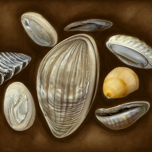 Image similar to bivalve, sea shell, mystery of the deep, quahogs. greg rutkowski, gustavo dore, national geographic, spiral, mollusc.