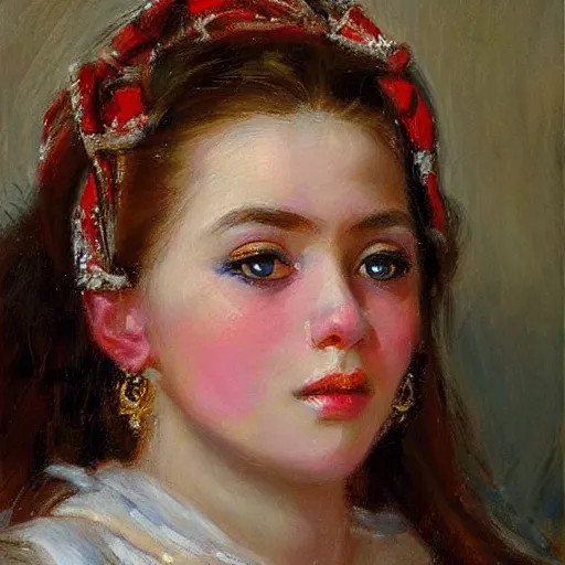 Image similar to Portrait of a chuvash girl, in the style of Konstantin Razumov, face closeup, intricate details, high quality